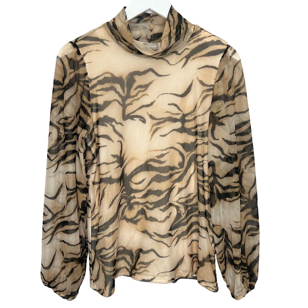 Chicos Womens Tiger Stripe Mesh Overlay Top Size 1 M Mockneck Long Sleeve Drama